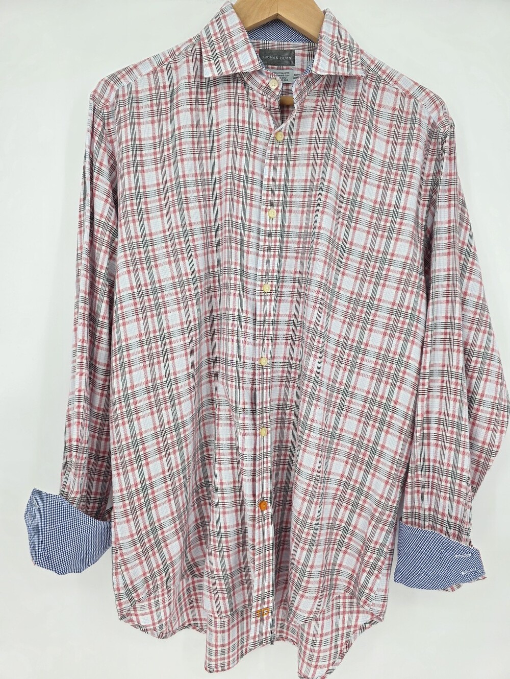 Thomas Dean Red White Plaid Button Front Shirt Mens Medium 100% Cotton